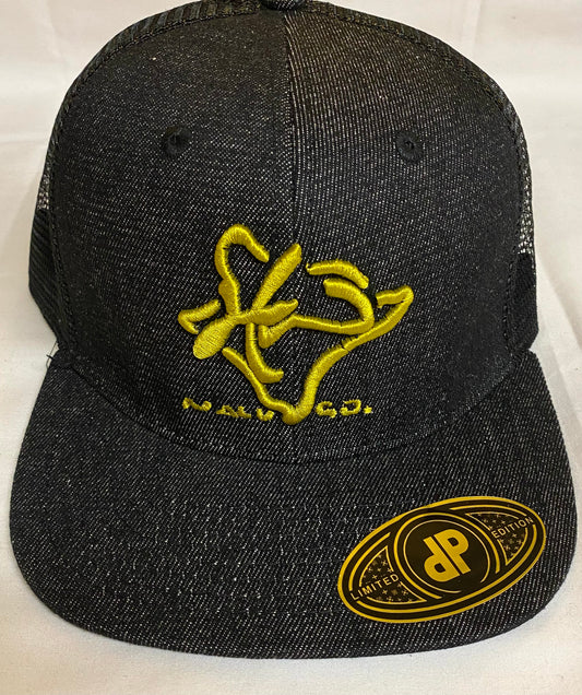 Embroidered Snapback Hat Black Denim Mesh- 2 Color Options